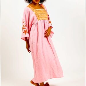 NEW! Nina Leuca Fly Linen Pink Dress w Orange/ Green Embroidery - S/M